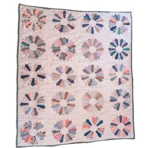 Vintage 1940s Dresden Plate Patchwork Quilt Multi Color Floral Gingham Handmade